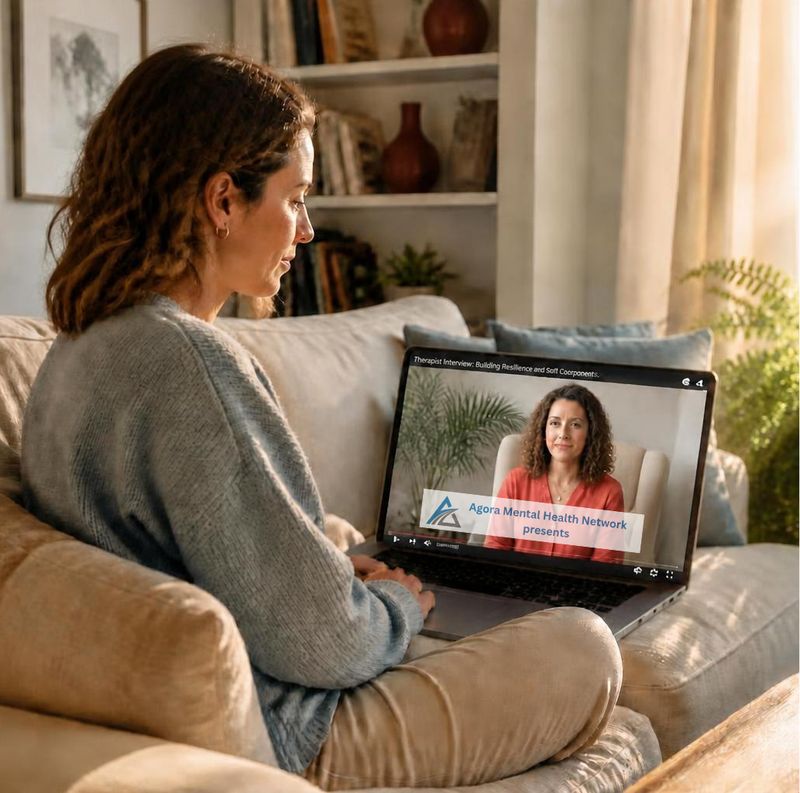A woman on her sofa in afternoon light, watching a therapist's Agora Mental Health Network video on her laptop