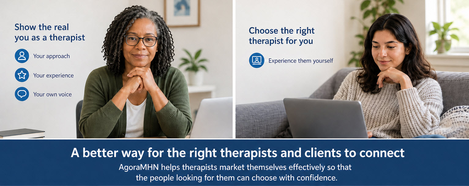 A therapist at her desk ready to show her approach, experience and voice, and a client on her laptop choosing the right therapist for her